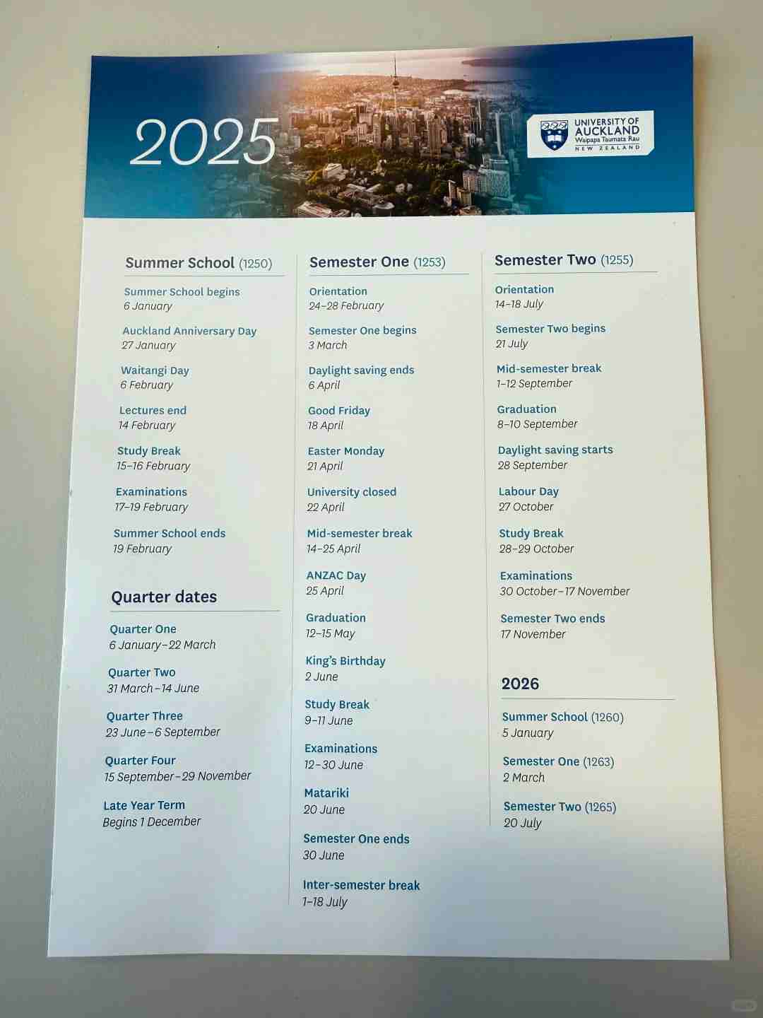 奧克蘭大學25年S2學期校歷及考試時間安排